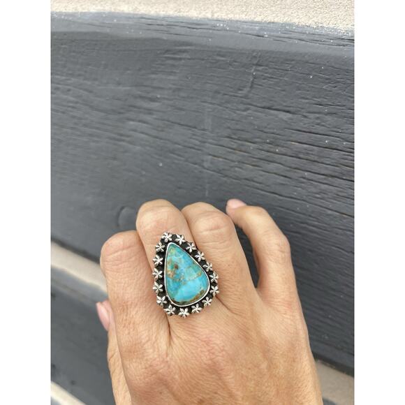 Sterling Silver NATIVE Style Southwest BIG TURQUOISE Ring Starburst Triangle 7 - Picture 5 of 8